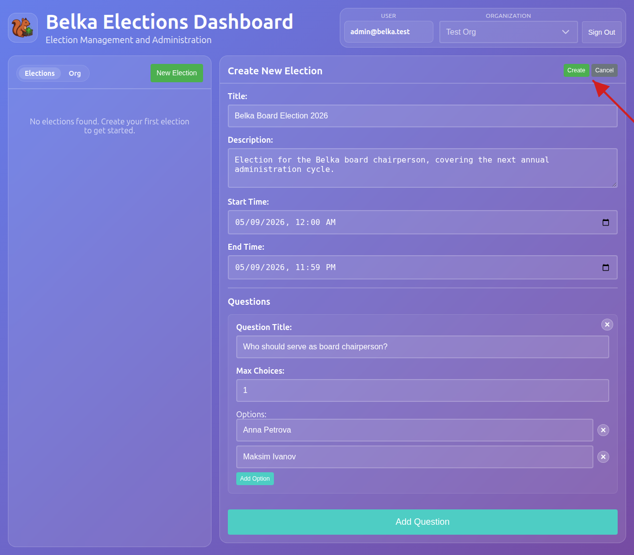 Create a new election in the admin dashboard